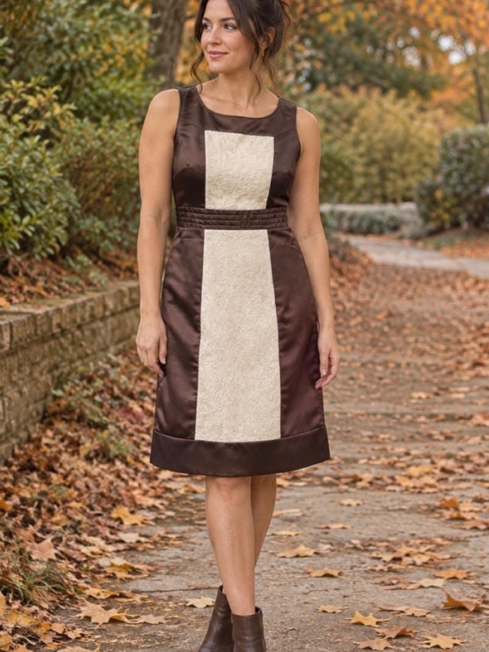 BCBG Paris Colorblock Satin Jacquard Cocktail Shift Dress 8 Brown